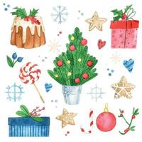 aquarellset für weihnachten, neujahr. sammlung mit niedlichen zeichnungen von geschenken, schneeflocken, weihnachtsspielzeug, weihnachtsbaum isoliert auf weißem hintergrund vektor