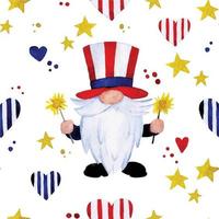 akvarell seamless mönster för amerikanska självständighetsdagen. 4 juli, festlig bakgrund med ballonger, fyrverkerier, flaggor, tomtar vektor