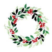 akvarellteckning. jul, nyårskrans av gröna löv, eukalyptus och röda bär. isolerad på vit bakgrund traditionell vintage krans vektor