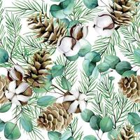 Aquarell Musterdesign zum Thema Winter, Neujahr, Weihnachten. Baumwollblumen, Eukalyptusblätter, Tannenzweige und Zapfen auf weißem Hintergrund