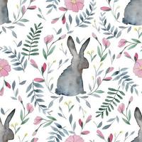 Aquarell Musterdesign mit Hasen, Kaninchen und Frühlingsblumen und Blättern. Silhouette des Osterhasen mit rosa Blütenknospen und Blättern. Boho-Stil, Natur. vektor