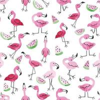 Nahtloses Aquarellmuster mit niedlichen Flamingos und Wassermelonenscheiben isoliert auf weißem Hintergrund. rosa Flamingos, Druck für Kinder, Sommerferien. vektor