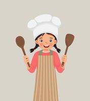 süßes kleines Mädchen in Kochmütze und Schürze mit Kochutensilienspatel und Pfannenlöffel vektor