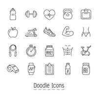 doodle hälsa och fitness ikoner set vektor