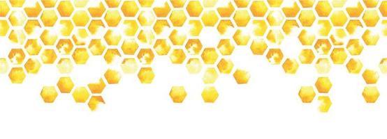akvarell illustration sömlös kant, webb banner. honeycomb gul, abstrakt tryck. kakel, geometriskt mönster med färgfläckar på en vit bakgrund vektor