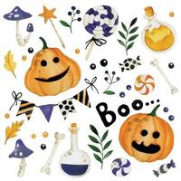 akvarell seamless mönster på temat halloween. barntryck med söta pumpor svampar och orange och lila godis. ingen vit bakgrund vektor