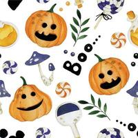 akvarell seamless mönster på temat halloween. barntryck med söta pumpor svampar och orange och lila godis. ingen vit bakgrund vektor