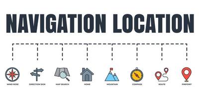 Navigation, Web-Icon-Set für Standortbanner. home, pinpoint, wegweiser, kompass, kartensuche, windrose, route, bergvektorillustrationskonzept. vektor