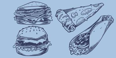 handritning snabbmat set med smörgåsar, hamburgare, korv, kebab vektor