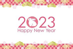 2023, das Jahr des Kaninchens, Grußkartenvorlage mit japanischen Glücksbringern und Mustern. vektor