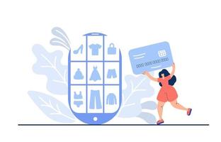 Online Einkaufen. Vektor handgezeichnete Frau mit Bankkarte läuft, um Waren zu kaufen. den Produktkatalog im Telefon auf der Seite des Webbrowsers. Einkaufsboxen. Landing-Webseitenvorlage