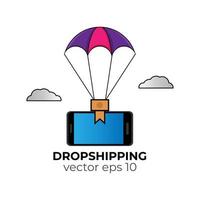 dropshipping koncept. fallskärm på himlen som levererar smartphone till destinationen. vektorillustration i linjekonststil vektor