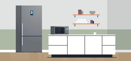 moderner Kücheninnenraum keine flache Designillustration des Leute- und Haushaltsgerätkonzeptes Quadratischer Plan. vektor