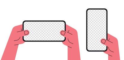 hand, die flache vektorillustration der vertikalen und horizontalen geräte des smartphone hält. vektor