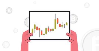 hand, die tablette und börsenhandel diagramm kerzenhalterdiagramm flache vektorillustration hält. vektor