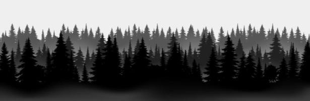 Vektor Berge Wald schwarze Silhouette Hintergrundtextur, Nadelwald, Vektor. Saisonbäume Fichte, Tanne. Wanderurlaub Tourismus. horizontale Landschaft