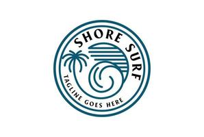 cirkulär solpalm kokospalm med havet havet våg för surf strand semester logotyp design vektor