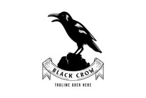 vintage retro svart korpkråka fågel med band för tatuering logotyp design vektor