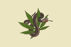 Retro-Vintage-Cannabis-Marihuana-Blatt mit Kobra-Viper-Mamba-Schlange für Tattoo-Design-Vektor vektor