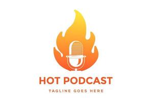 Moderne einfache orangefarbene Feuerflamme mit Mikrofon für Podcast-Radio-Aufnahmestudio-Logo-Designvektor vektor
