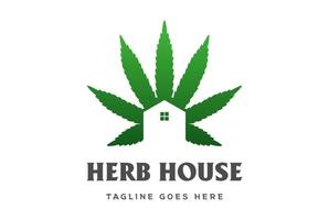 einfaches marihuana-cannabis-ganja-blatt mit haus für hanf-cbd-öl-logo-designvektor vektor