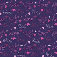Nahtloses Muster mit den Worten Liebe, Kuss, Urlaub, Valentinstag und Herzen auf violettem Hintergrund für Stoff, Textil, Kleidung, Tischdecke und andere Dinge. Vektorbild. vektor