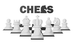 Logo-Schach und weiße Figuren für Schachstrategie-Brettspiel. Hintergrund-Logo-Schach vektor