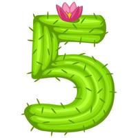 cartoon kaktus nummer 5 mit blumenschrift kindernummern. grüne Zahl fünf vektor
