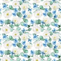 sömlösa akvarellmönster. vita blommor av vildros, pion med blå hortensiablommor och eukalyptusblad på vit bakgrund. delikat, vintagemönster med blommor och eukalyptusblad vektor