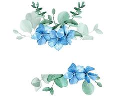 akvarellteckning. ram av eukalyptusblad och blå hortensiablommor. design för bröllop, kort, inbjudningar, hälsningar. isolerad på vit bakgrund med plats för text vektor