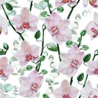 nahtloses Muster mit Aquarellblumen. rosafarbene Orchideenblüten auf weißem Hintergrund. zartes Muster mit tropischen Blumen, realistische Orchideen. Design für Hochzeit, Textil, Tapete, Stoff