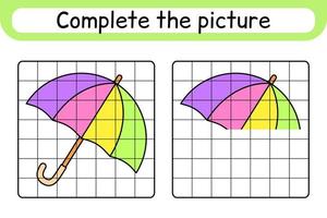 vervollständigen das bild regenschirm. Kopieren Sie das Bild und die Farbe. beende das Bild. Malbuch. pädagogisches Zeichenübungsspiel für Kinder vektor