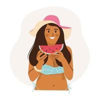 glad tjej vilar på stranden. sommarlycka och hälsosam kost koncept. isolerad karaktär av en kvinna i en baddräkt på en vit bakgrund. söta kvinnor karaktär äter mogen vattenmelon. vektor