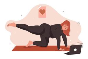 söt överviktig kvinna gör yoga. begreppet kärlek till din kropp, kropp positiv och hälsosam livsstil. platt vektorillustration. vektor