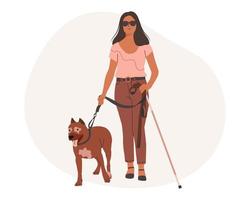 junge besondere Frau mit dunkler Brille, die mit einem Stock und einem Hund steht. Menschen mit Behinderung, Vielfalt und Inklusion. Vektor-Illustration. vektor