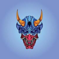 hannya mask röd halvblå och horn på huvudet med japansk stil kulturillustration vektor