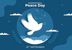 internationella fredsdagen tecknad illustration med händer, duva, jordglob och blå himmel för att skapa välmående i världen i platt stildesign vektor