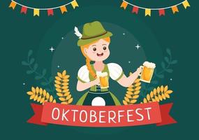 oktoberfest-karikaturillustration mit bayerischer tracht, die bierkrüge hält, während sie in traditionellem deutsch in flachem stil tanzt vektor
