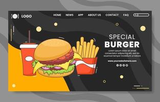 flache Cartoon-Hintergrund-Vektorillustration der Burger-Social-Media-Landing-Page-Vorlage vektor