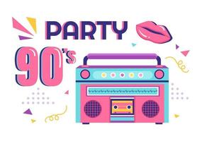 90er Jahre Retro-Party-Cartoon-Hintergrundillustration mit Musik der 90er Jahre, Turnschuhen, Radio, Tanzzeit und Bandkassette im trendigen flachen Design vektor