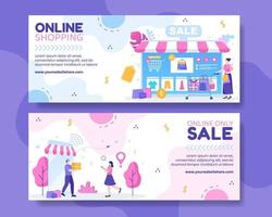 online shopping horisontell banner mall platt tecknad bakgrund vektorillustration vektor