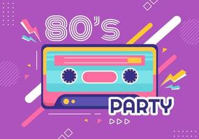 80-tals partytecknad bakgrundsillustration med retromusik, radiokassettspelare från 1980 och disco i gammaldags design vektor