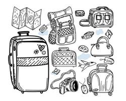 satz verschiedener gepäckarten, handgezeichnet im skizzenstil. Vektor-Illustration. großer und kleiner Koffer, Rucksack, kleine Tasche, Handgepäck, Reisetasche, Anhänger. Karte. Kamera. Flugzeug. skizzieren vektor