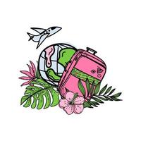 banner för reklam för världsturism, resor med en tecknad resväska och tropiska blommor och löv. flygande flygplan runt jorden. vektor illustration i platt design