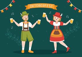 oktoberfest festival tecknad illustration med bayersk kostym som håller ölglas medan du dansar på traditionell tysk i platt stildesign vektor