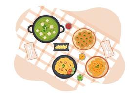 indisk mat tecknad illustration med olika samling av läckra traditionella rätter i platt stil design vektor