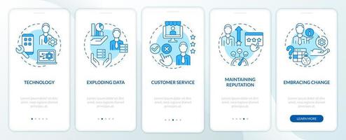 grundläggande problem med start blå onboarding mobilappskärm. genomgång 5 steg grafiska instruktioner sidor med linjära koncept. ui, ux, gui mall. vektor