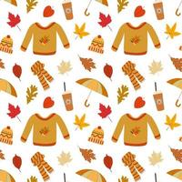 höstens mysiga kläder och pumpa latte seamless mönster. tröja, paraply, stickad halsduk, ullmössa, torra höstlöv. isolerad på vit bakgrund. perfekt för klistermärken, tryck, textil, omslag. vektor