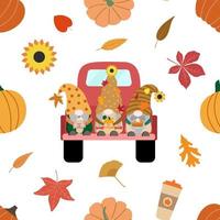 niedliche Cartoon-Herbstzwerge im roten Kleintransporter der Weinlese, Farbherbstkürbise, Kaffee in einer Schale, Kürbiskuchen und gefallene Blätter. Vektor nahtlose Muster.