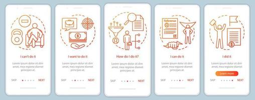 motivation onboarding mobil app sidskärm med linjära koncept. måluppnående, problemlösning. få jobb. steg grafiska instruktioner. ux, ui, gui vektormall med illustrationer vektor